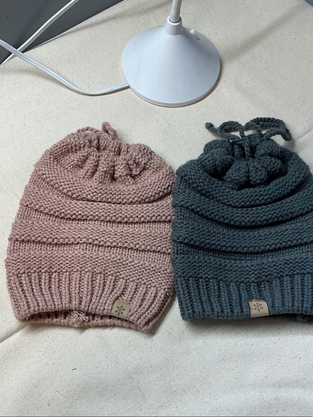 Bando of 2 C.C. Beanie ponytail messy bun knit winter beanie hat